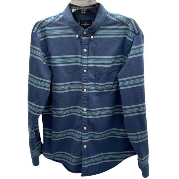 American Eagle Men's Seriously Soft Long Sleeve Button Shirt Blue Stripe, Medium - Picture 1 of 12